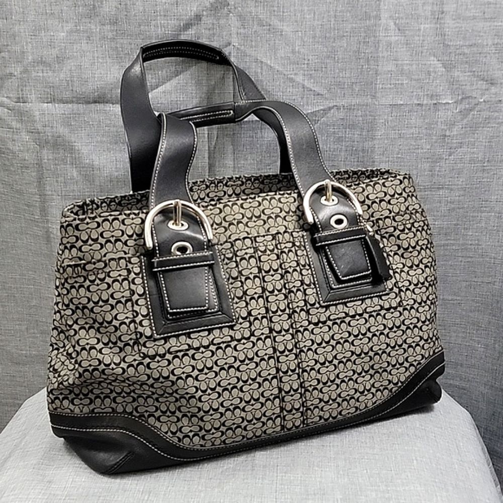 Coach Soho Signature Mini C's Black Gray Canvas / leather  Satchel Tote Jacquard